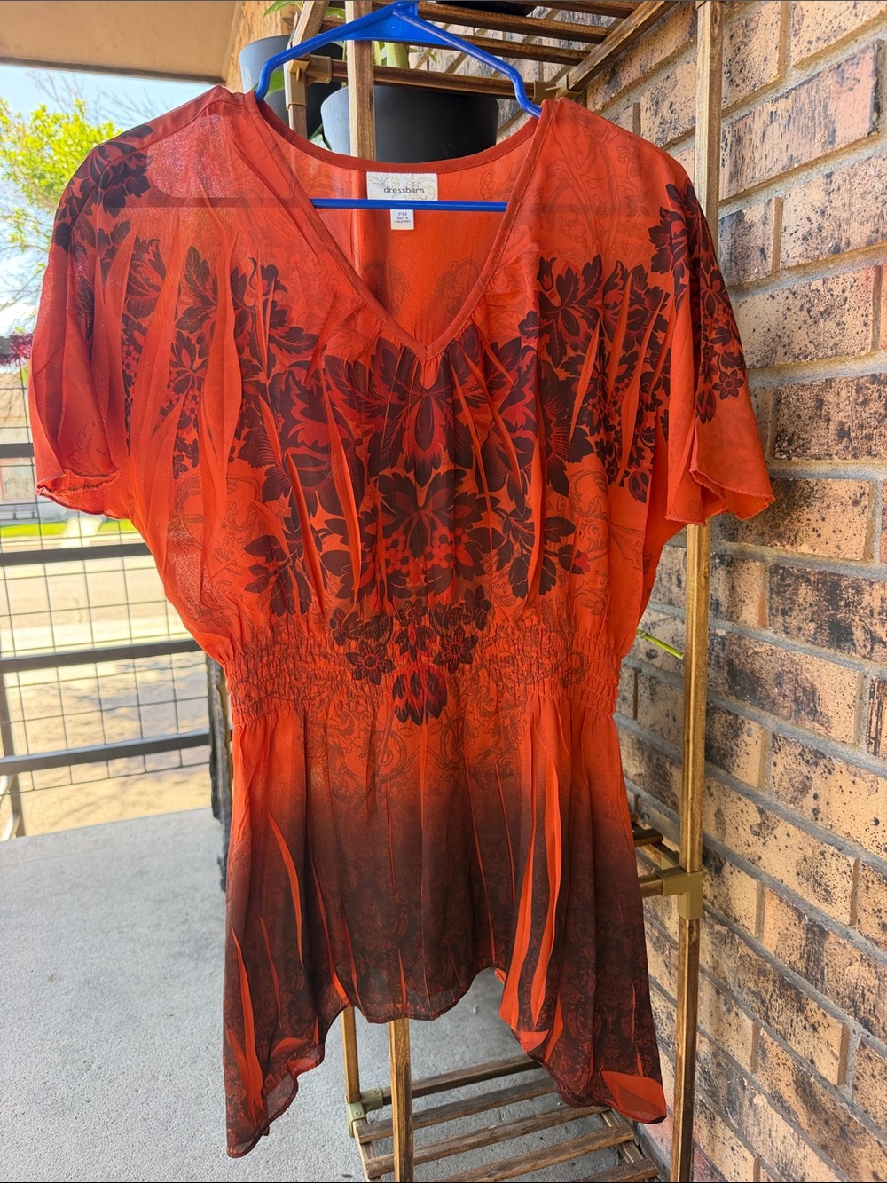 dressbarn Orange and Black Floral V-Neck Sheer Tunic